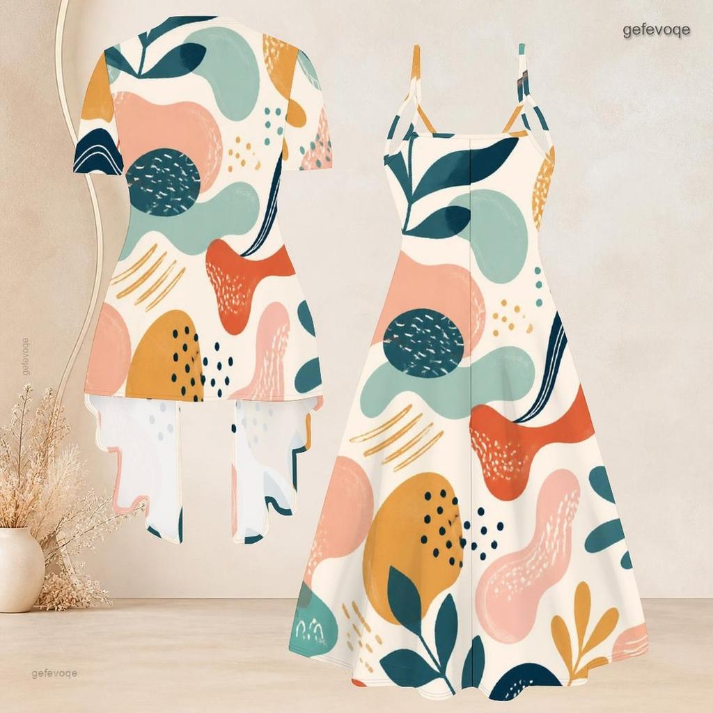Women Plus Size Printed Two Piece Set Short Sleeve Cardigan Strappy V Neck Flared Dress