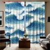 Set Of 2 Flat Printed Curtains Blue White Ocean Wave Pattern Home Decor Style Polyester Fabric Curtain Made With Rod Pocket
