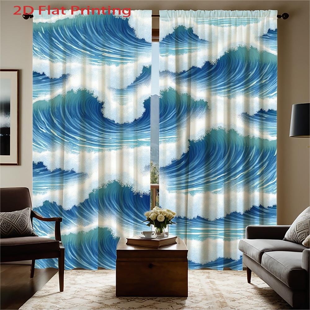 Set Of 2 Flat Printed Curtains Blue White Ocean Wave Pattern Home Decor Style Polyester Fabric Curtain Made With Rod Pocket