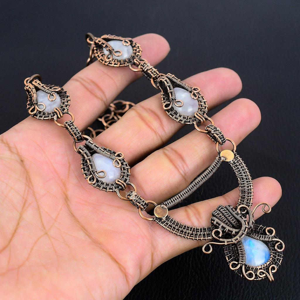 Rainbow Moonstone Necklace Gemstone Jewelry, 999 Copper Wire Wrapped Necklace, Adjustable Handmade Beautiful Jewelry Chain Necklace