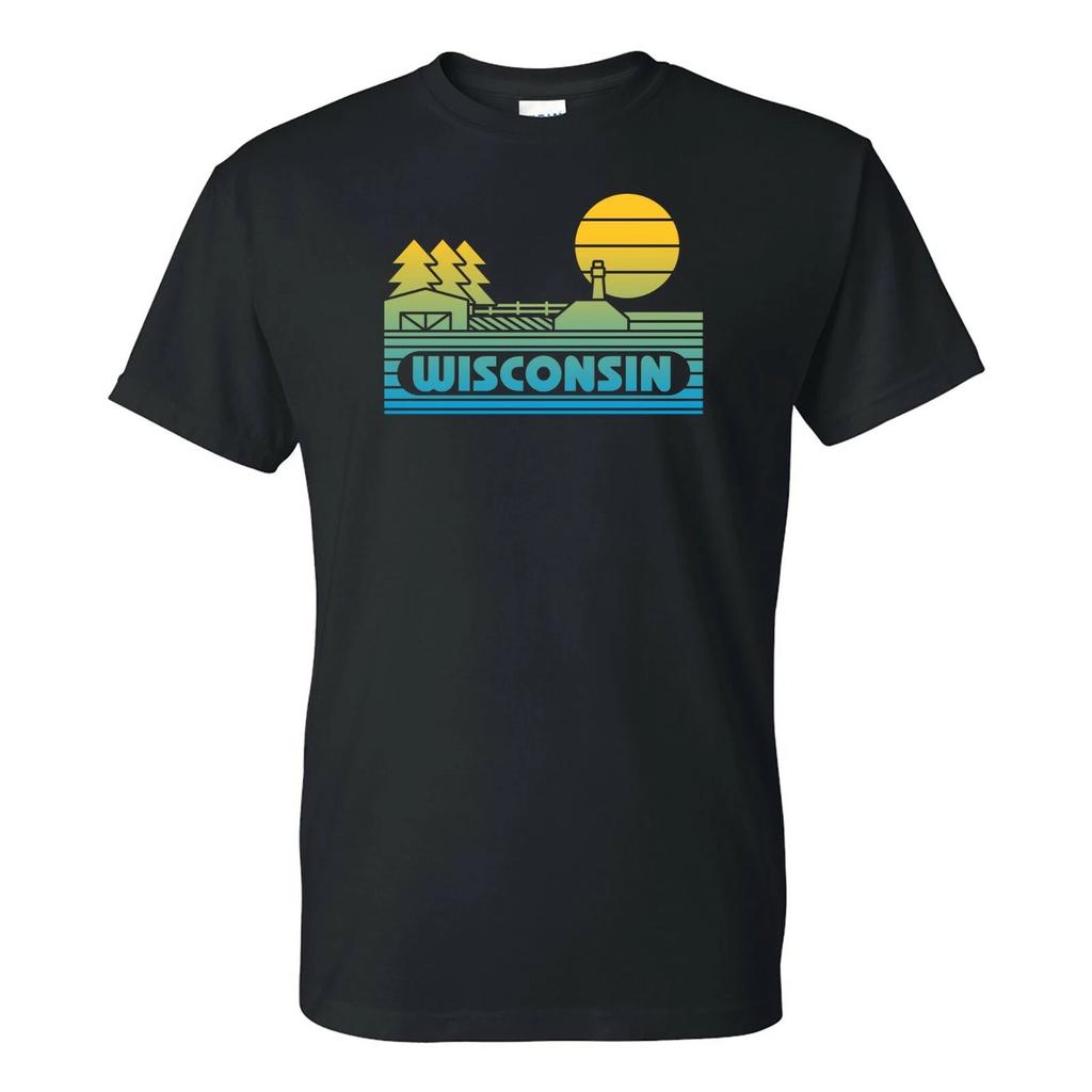Wisconsin Groovy Sunset - Landscape Vacation Home State T Shirt - Black