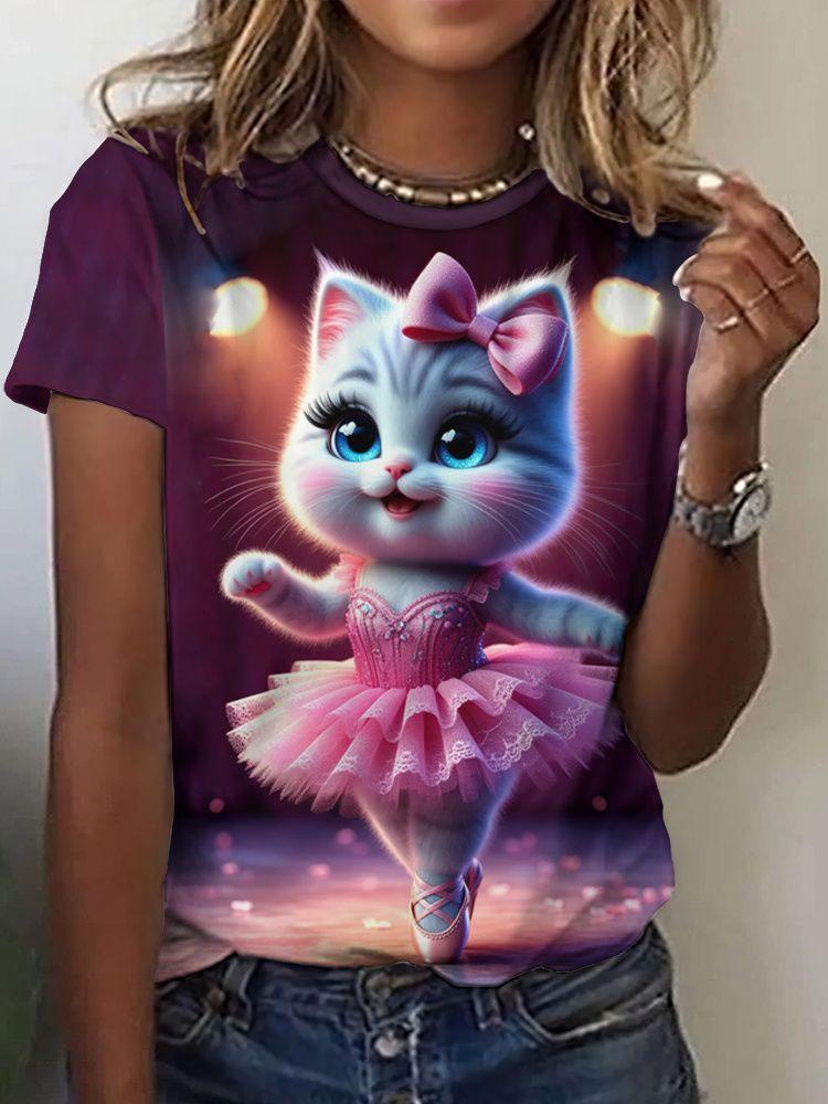 Summer Cute Cat Dances Ballet T-Shirts 3D Print Women Men Short Sleeve Round Neck T Shirt Tees Harajuku Y2K Tops Unisex Clothing