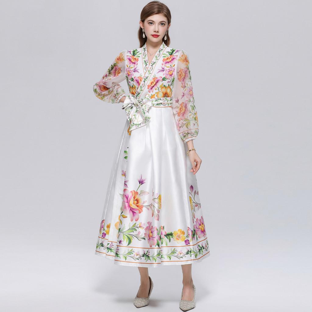 Wunderschönes Blumenwickel-Langarmkleid Damen V-Ausschnitt Laternenärmel Chiffon-Patchwork Dickes Satin-Band-Schnürgürtel Partykleid