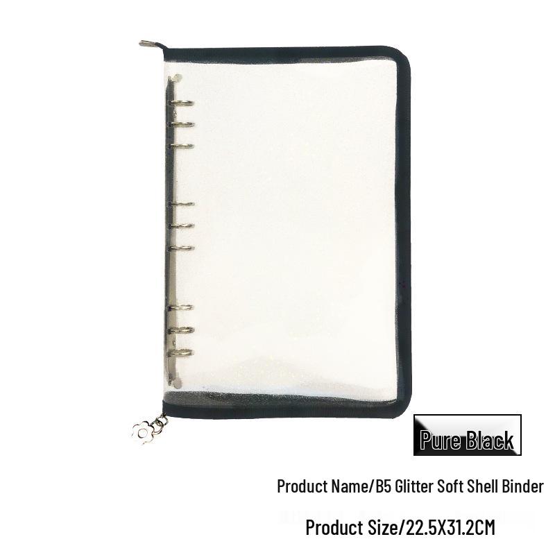 Japanese Style B5 Transparent 9-Hole Zipper Notebook with Gold Glitter - Loose-Leaf Diary & Schedule Planner