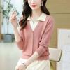 Fashion Color Block Fake Two Pieces Sweater Women Autumn and Winter Polo Collar Casual Thin Office High Quality All-match Top