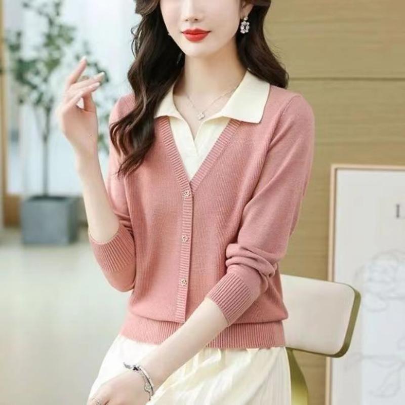 Fashion Color Block Fake Two Pieces Sweater Women Autumn and Winter Polo Collar Casual Thin Office High Quality All-match Top