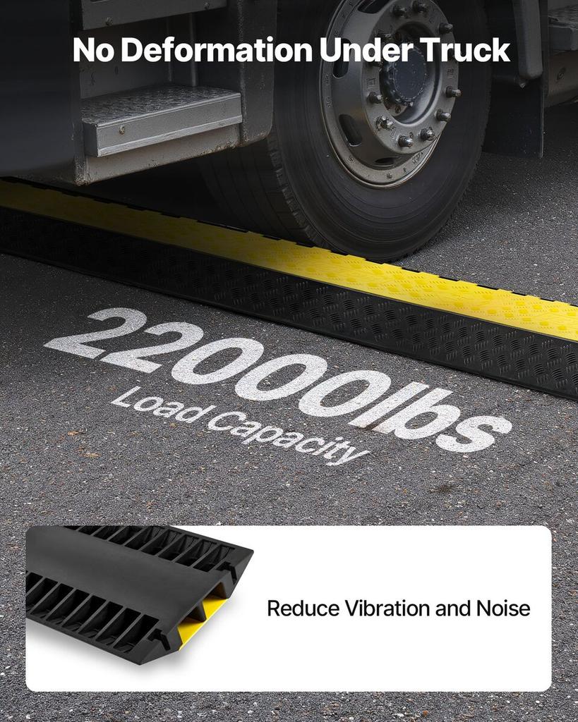 Cable Protector Ramp, 9,979 Kg/axle Capacity, 2 Channel Heavy Duty Rubber Cord Hose Wire Cover, 100 X 75 Mm Channel, Traffic Speed Bump with Flip-Open