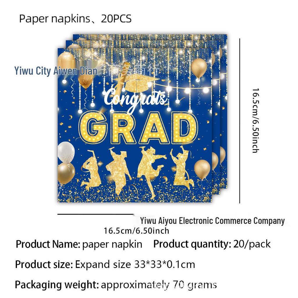Graduation Party Disposable Tableware Set: Paper Plates, Cups, Banner, Tablecloth, and Knives. Perfect for University Graduation Celebrations.
