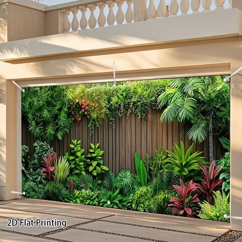 2D Red Green Tropical Leaves Wood Fence Garage Door Backdrop Garden Banner