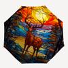 1pc Stained Glass Deer Scene Automatic Folding Umbrella - Portable 3-Fold Design with 8-Bone Iron Frame, Outdoor, Ideal Gift for Fans, Travelers, Dail