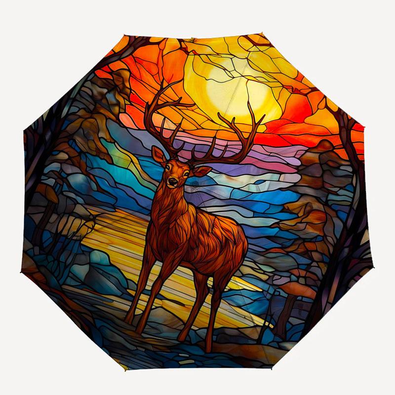 1pc Stained Glass Deer Scene Automatic Folding Umbrella - Portable 3-Fold Design with 8-Bone Iron Frame, Outdoor, Ideal Gift for Fans, Travelers, Dail