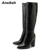 Aneikeh Pointed Thick Heels Knee Long Boots Women's  Spring/Autumn Patent Leather Crocodile Pattern Panel Side Zipper Boots