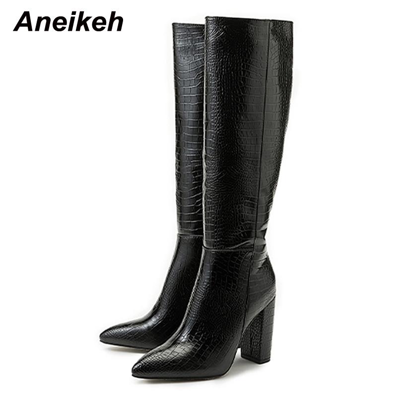 Aneikeh Pointed Thick Heels Knee Long Boots Women's  Spring/Autumn Patent Leather Crocodile Pattern Panel Side Zipper Boots
