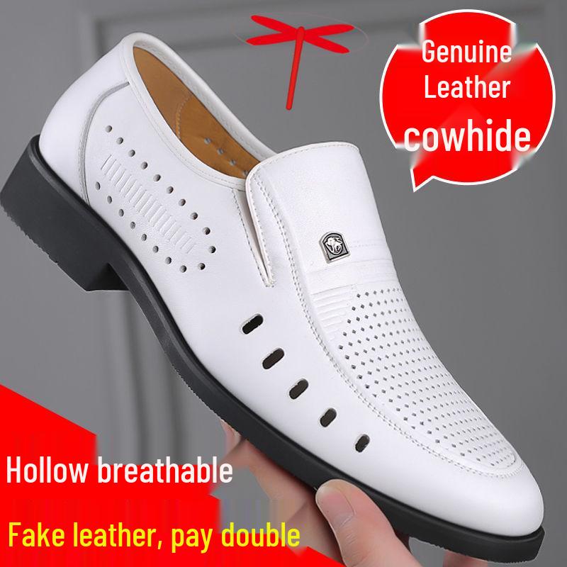 Men's Breathable Genuine Leather Hollow Sandals - Soft Sole, Non-Slip, Perfect for Summer and Business Wear