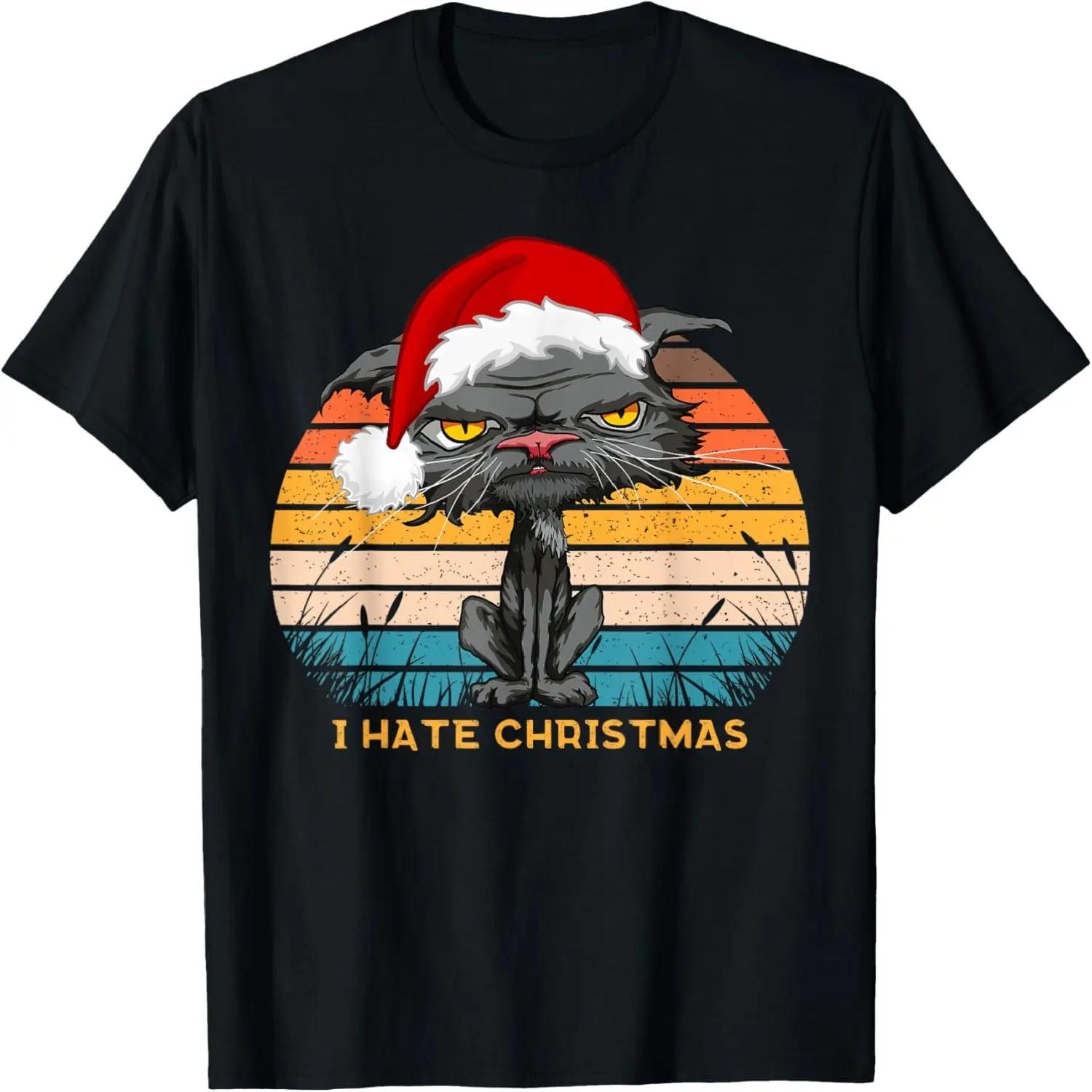 Anti Christmas I Hate Christmas Bored Cat Retro Santa Hat T-Shirt S