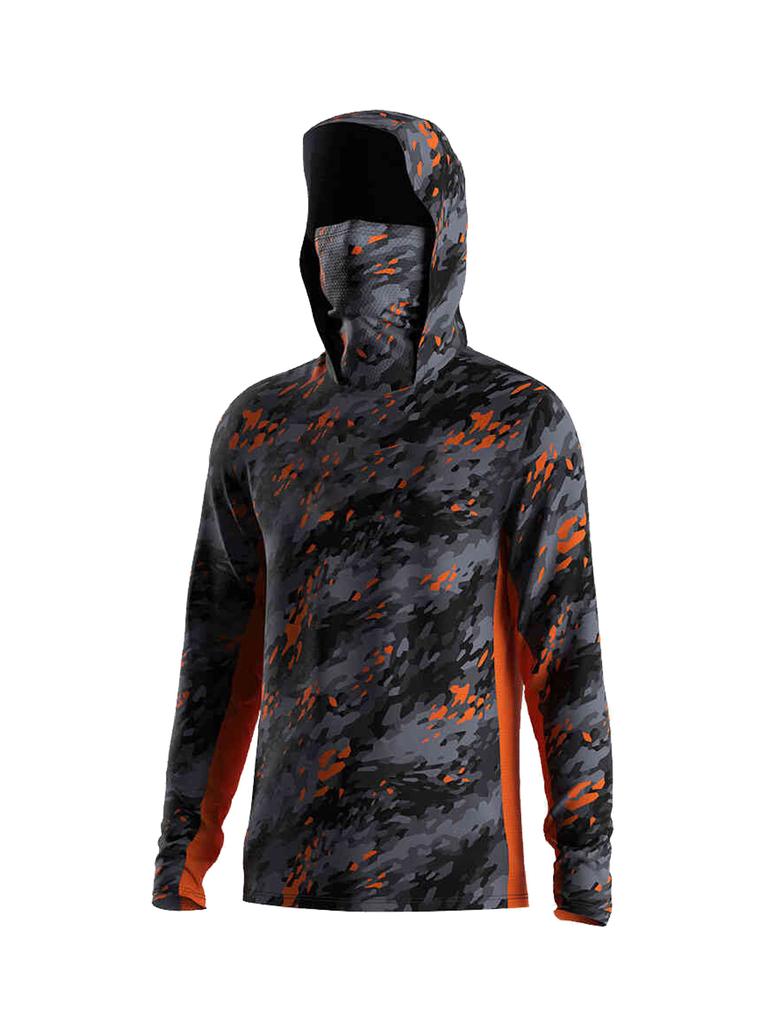 Men Splash Print Hooded Fishing Shirt Built‑in Face Mask UPF50+ UV Protection Mesh Sides Quick Dry Long Sleeve Outdoor Top