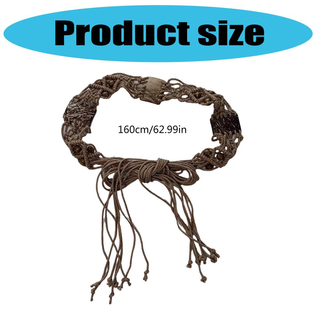 Bohemian Braided Cotton Rope Belt With Wooden Beads Adjustable Waist Cincher For Dresses And High Waist Pants