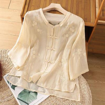Retro Embroidered Mid-Sleeve Cotton Linen Shirt for Women - Summer Style with Chinese Knot Button