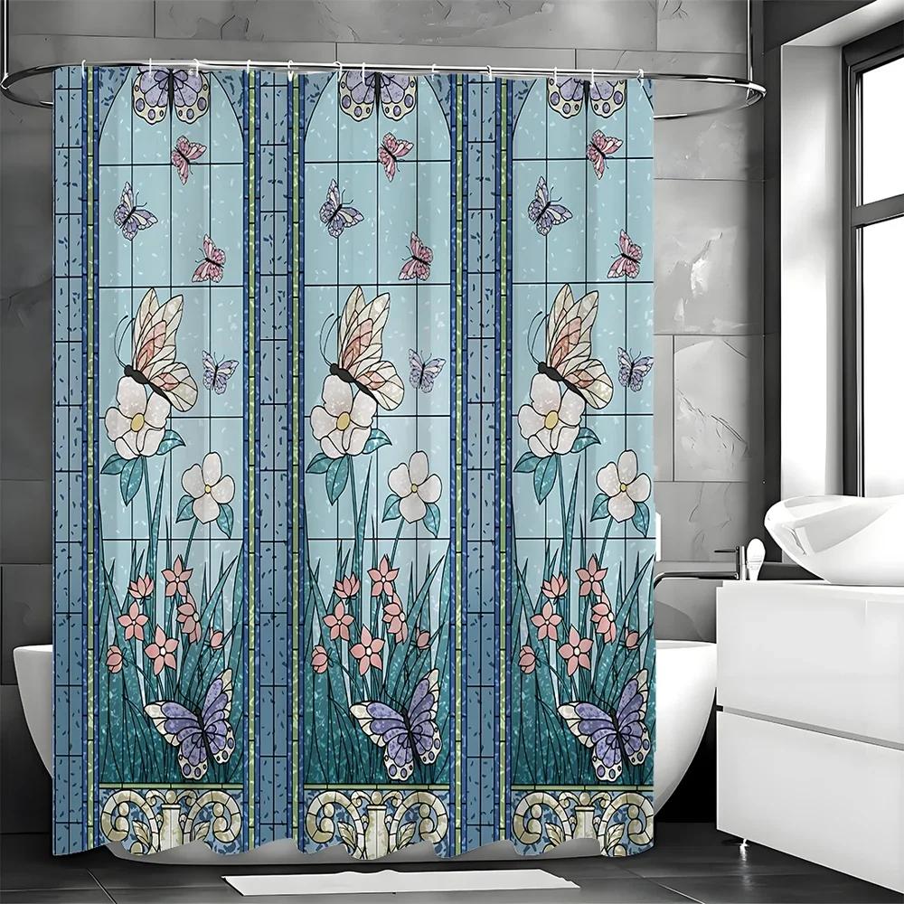 ~O~Blue Garden Shower Curtain, Colorful Butterfly Floral Bathroom Shower Curtain, Modern Design Botanical Fabric Shower Curtain