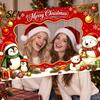 Festive Seasonal Event Banner Christmas Cartoon Photo Booth Frame Banner, Xmas Selfie with Elk Theme Props Penguin Bear, Holiday Party Handheld Prop,