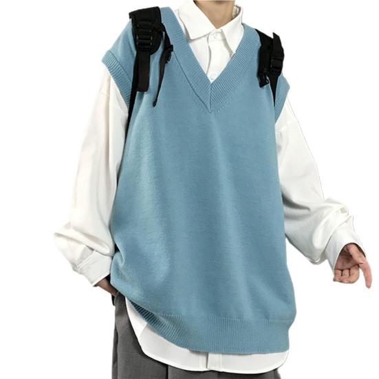 Men Sweater V Neck Solid Color Sleeveless All Match Spring Sweater for School