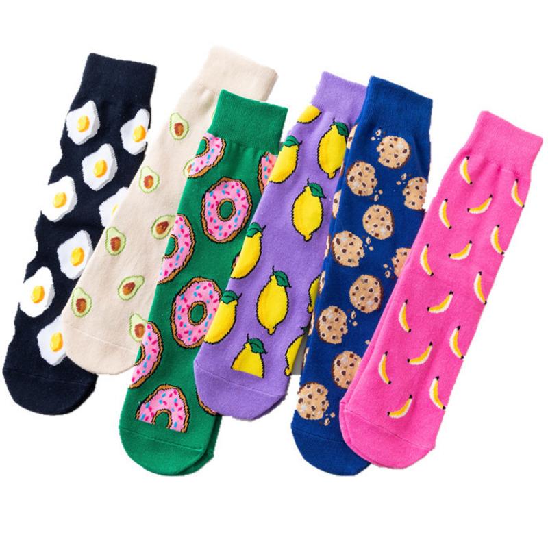 Women Socks Funny Cute Cartoon Fruits Banana Avocado Lemon Egg Cookie Donuts Food Happy Japanese Harajuku Skateboard Socks