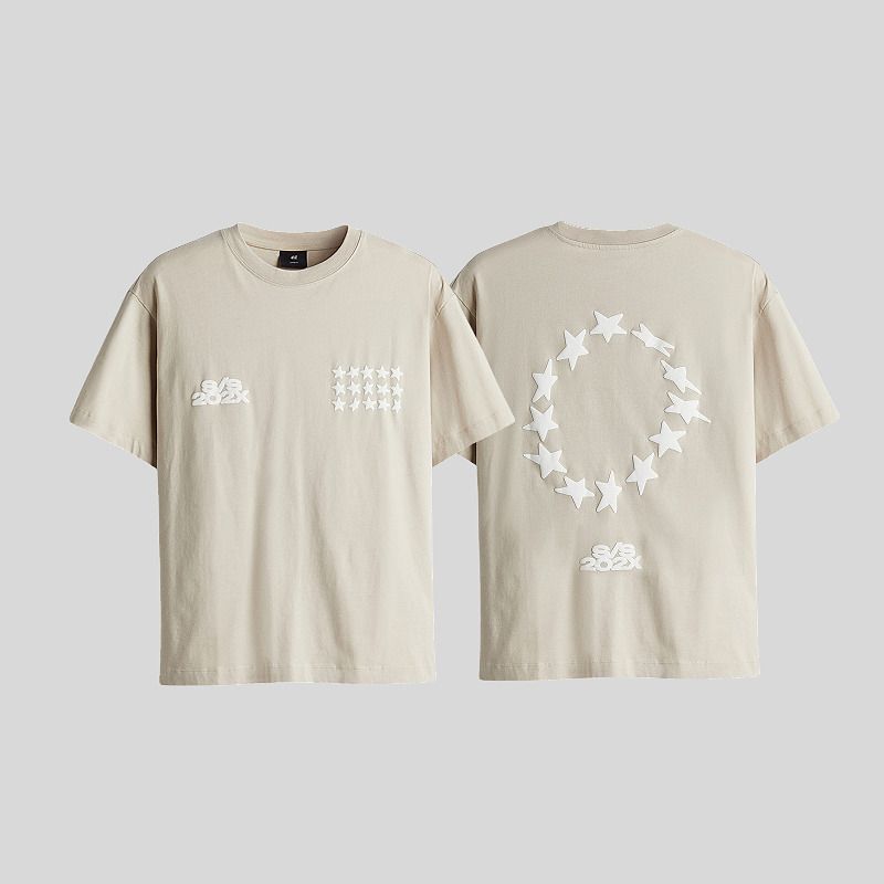 

HM Мужская одежда Женская футболка 2025 Лето Новая мода Принт Хлопок Спущенное плечо Свободный Короткий рукав Топ 1227157 Beige/Stars 180/116