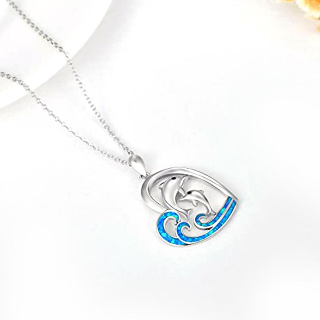 Mother and Baby Dolphin Heart Pendant Necklace with Blue Wave Inlay Ocean Inspired Sentimental Jewelry for Women