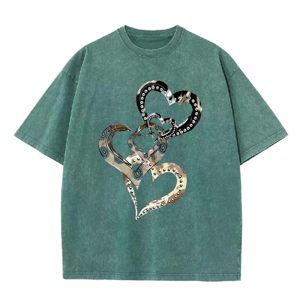 2026 New Harajuku Womens Tshirt Vintage Acid Wash Cotton Leopard Heart Graphic Short Sleeve Retro Washed Casual Streetwear Tops