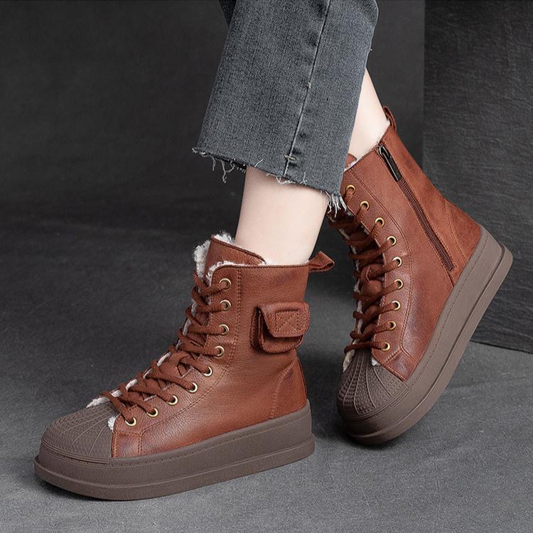 Johnature Winter Plüsch Warme Baumwollstiefel Echtes Leder Runde Zehen Dickbesohlte Kurze Damenstiefel