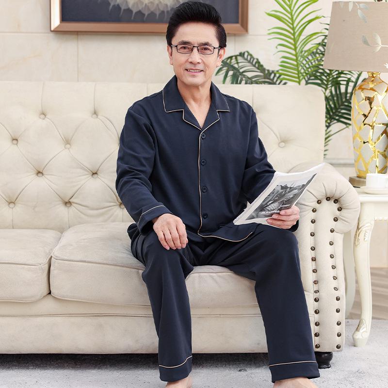 Men's Plus Size Cotton Pajama Set - Long-Sleeved, Ideal for Middle-Aged & Elderly, Spring to Winter Wear