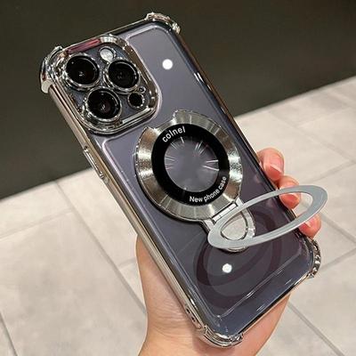 Para iPhone 15 Pro Max Capa de Celular de Luxo com Suporte de Moldura Magnética Magsafe Galvanizada Para iPhone 11 12 13 14 15 Pro Capa Protetora de Lente