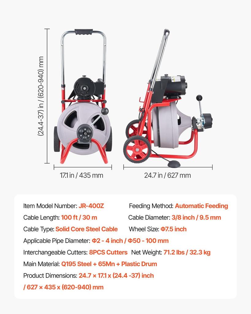 Drain Cleaner Machine 30m X 9.5mm, Auto Feed Sewer Snake Drain Auger On Wheels, Portable Drain Cleaning Machine with 8 Cutters & Air-Activated Foot