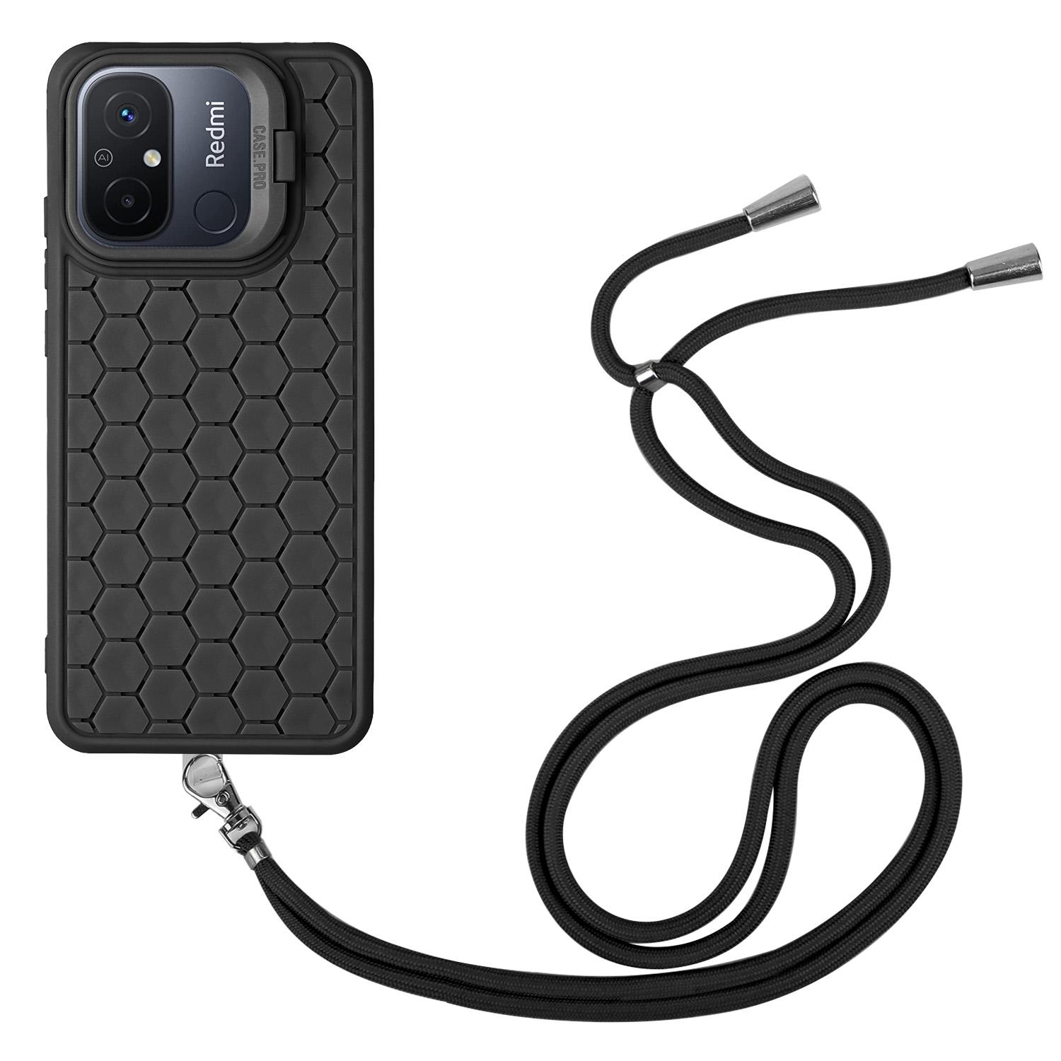 

For Xiaomi Redmi 12C 4G Cell Phone Case TPU Phone Cover with Kickstand and Lanyard Black