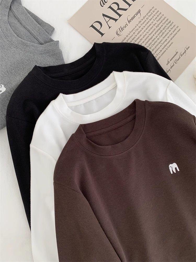 Korean-Style Embroidered Women's Thickened Long Sleeve T-Shirt