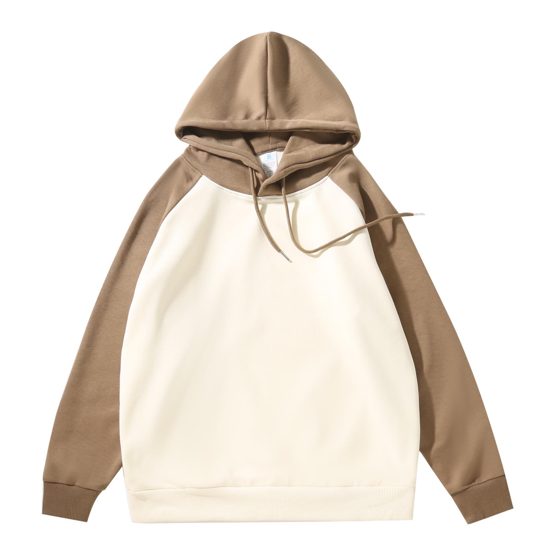 

Ouli Velvet Color Block Raglan Hoodie - Unisex Casual Autumn/Winter Khaki and Apricot [Single Raglan Hoodie]