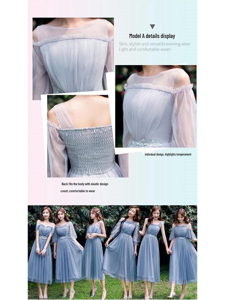 2025 New Off-the-Shoulder Bridesmaid Dress: Mid-Length, Slimming, with Fairy Charm for Special Occasions.
