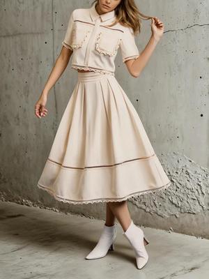 Elegante Completo Due Pezzi 2025: Camicetta con colletto alla coreana ricamata e gonna lunga