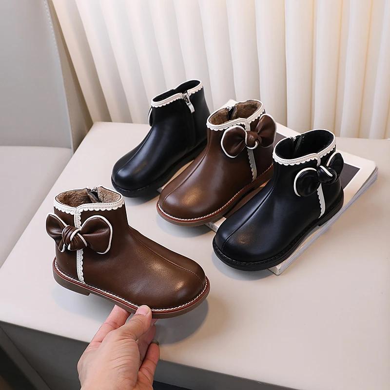 Kids Shoes Boots for Girl Winter Versatile Princess Bowknot Cotton Boots Fashion Causal Sweet Children Ankle Boots Warm Plush