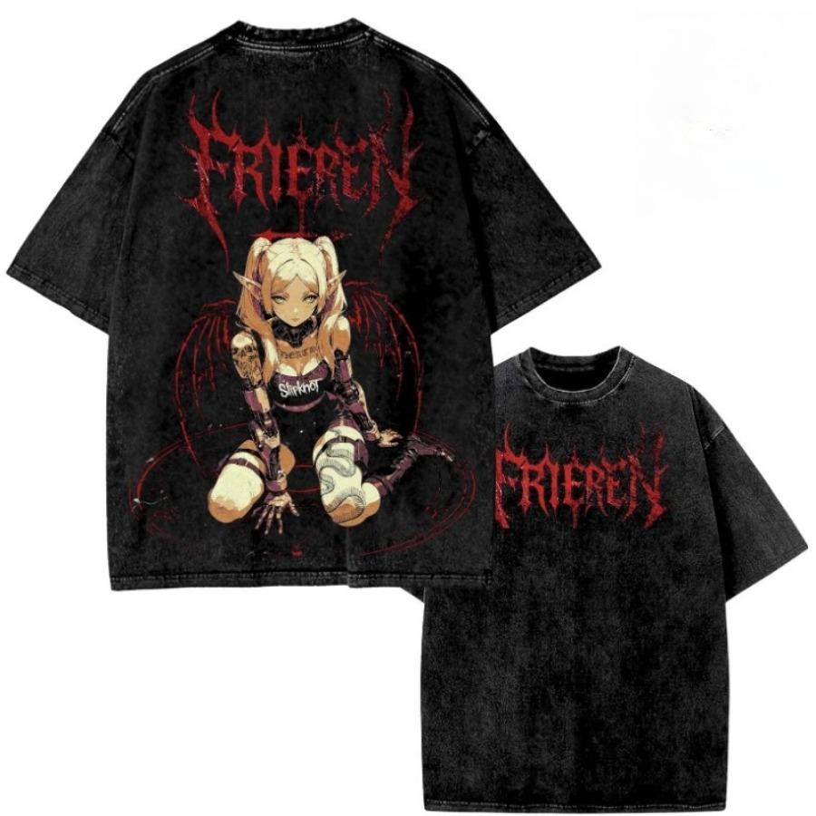 Women's and Men's Frieren Gothic Style Anime Top Street Style Washed Cotton T-Shirt