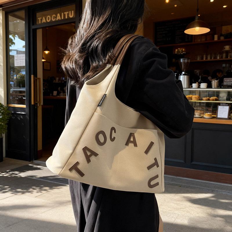 Winter Vintage Shoulder Bag Women Korean Style Canvas Tote Handle Bag Multi Pocket Letter Print Texture Versatile Storage Bags