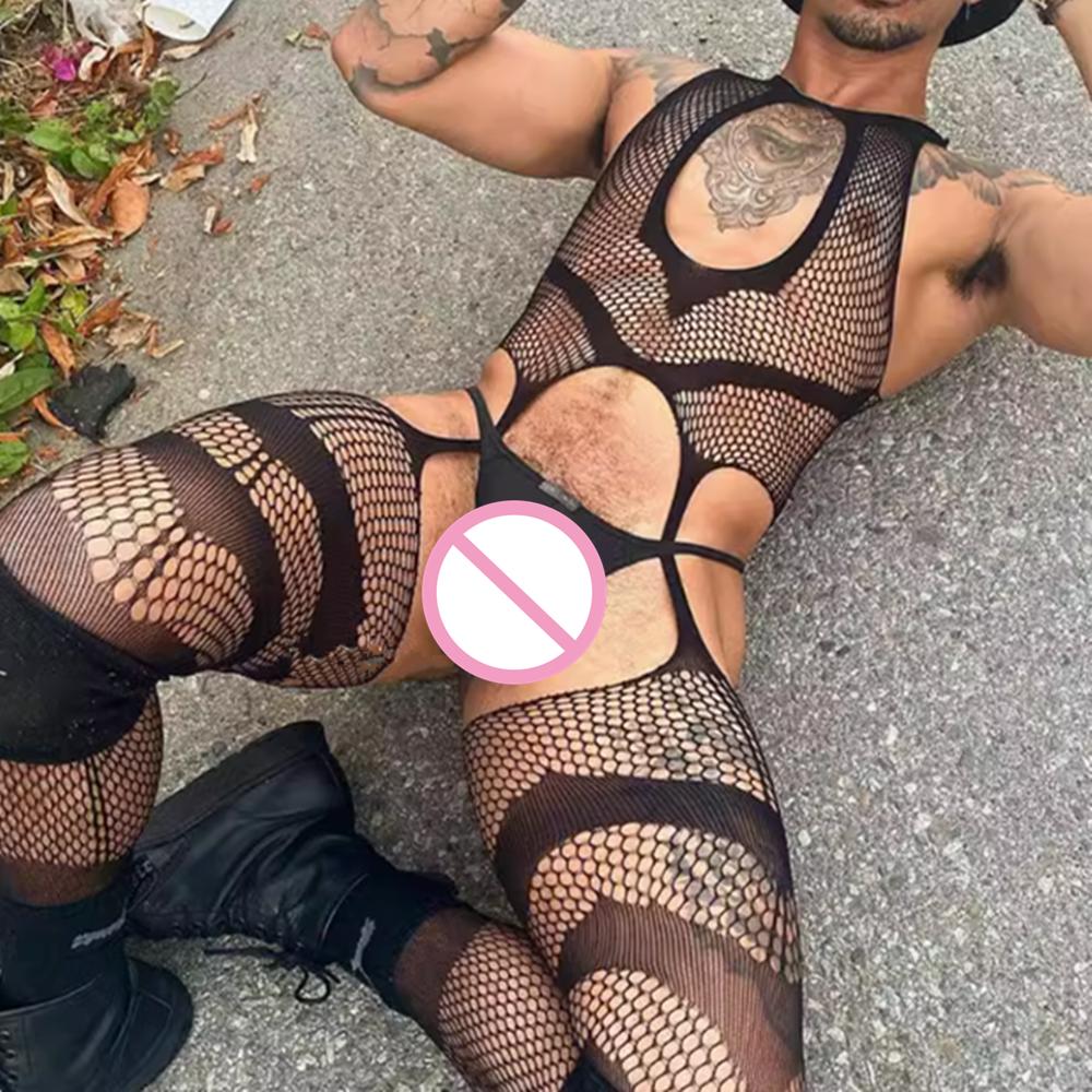 Plus Size Men's Black Sexy Lingerie Fishnet Body Stockings Male Underwear Exotic Lingerie for Man Open Crotch Transparent Tights