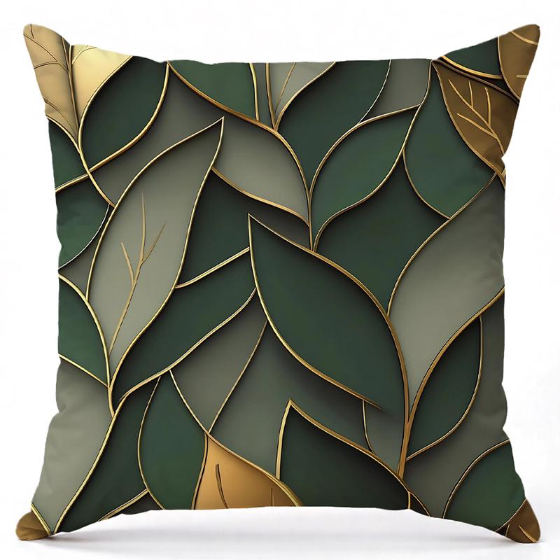 Green Leaf Patterned Cushions With Gold Accents Square Polyester Pillowcase, Modern Sofa Decorative Cushion Cover