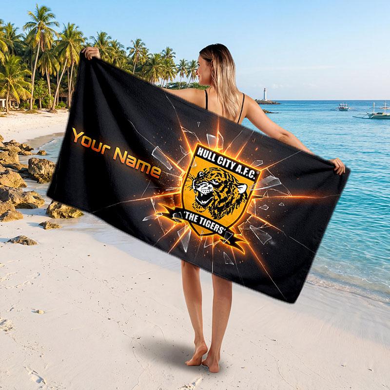 Hull City Individuelles Strandtuch, Personalisierter Namens-Textdruck, Fußball-Logo Weiches Schnelltrocknendes Handtuch Urlaubsgeschenk