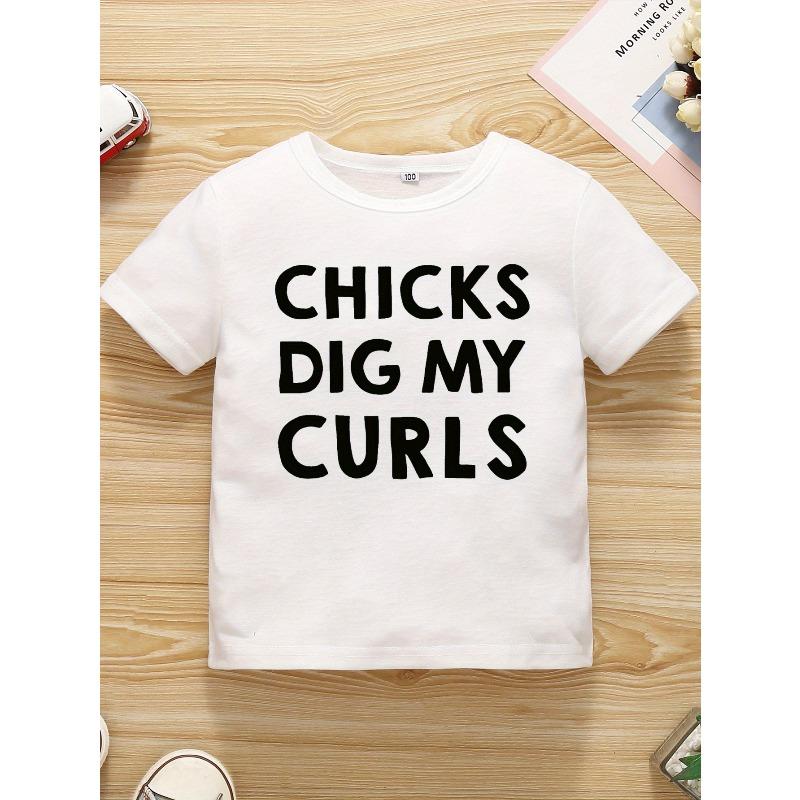 European sizes Chicks Dig My Curls" Boys' T-Shirt - Fun Letter Print, Short Sleeve, Summer Fashion Tee for Youngsters