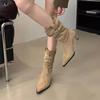 Retro Suede Pleated Piled Boots Women's 2025 New Belt Buckle Slim Mid-tube Boots Thin Heel Pointed High Heel Short Boots