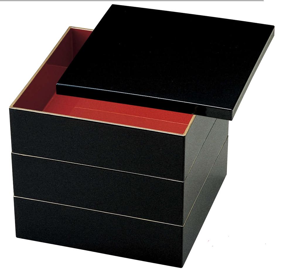 Wakaizumi Lacquerware, 7-inch Hanabiju (Flower-like Box), Black with Red Interior and Gold Rim, 3 Tiers, H-150-20A