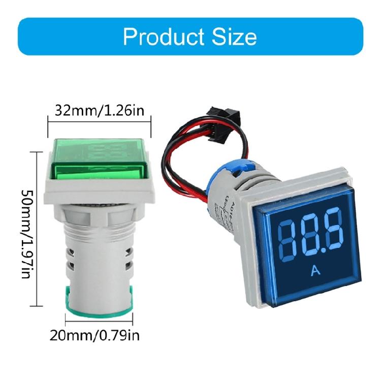22mm Square Head Current Tester Gauge Digital Ammeter AC100A Current Meter LED Backlit Screen 0-100A Current Detector