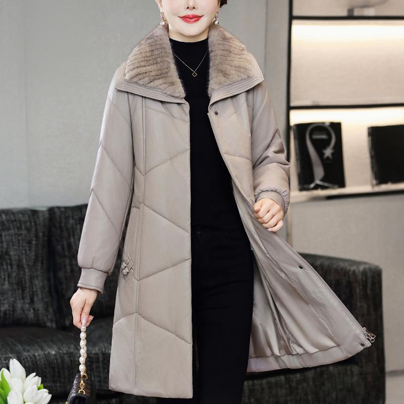 Middle Age Woman Winter Long Faux Sheepskin Coats Fur Collar Elegant Thick Warm Winter Parkas Female Leather Jacket
