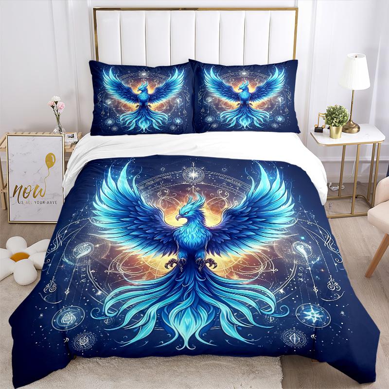 3pcs Blue Phoenix Rising Bedding Set - Includes Quilt Cover and Pillowcases, Suitable for All Seasons, Machine Washable - Ideal Gift for Fam